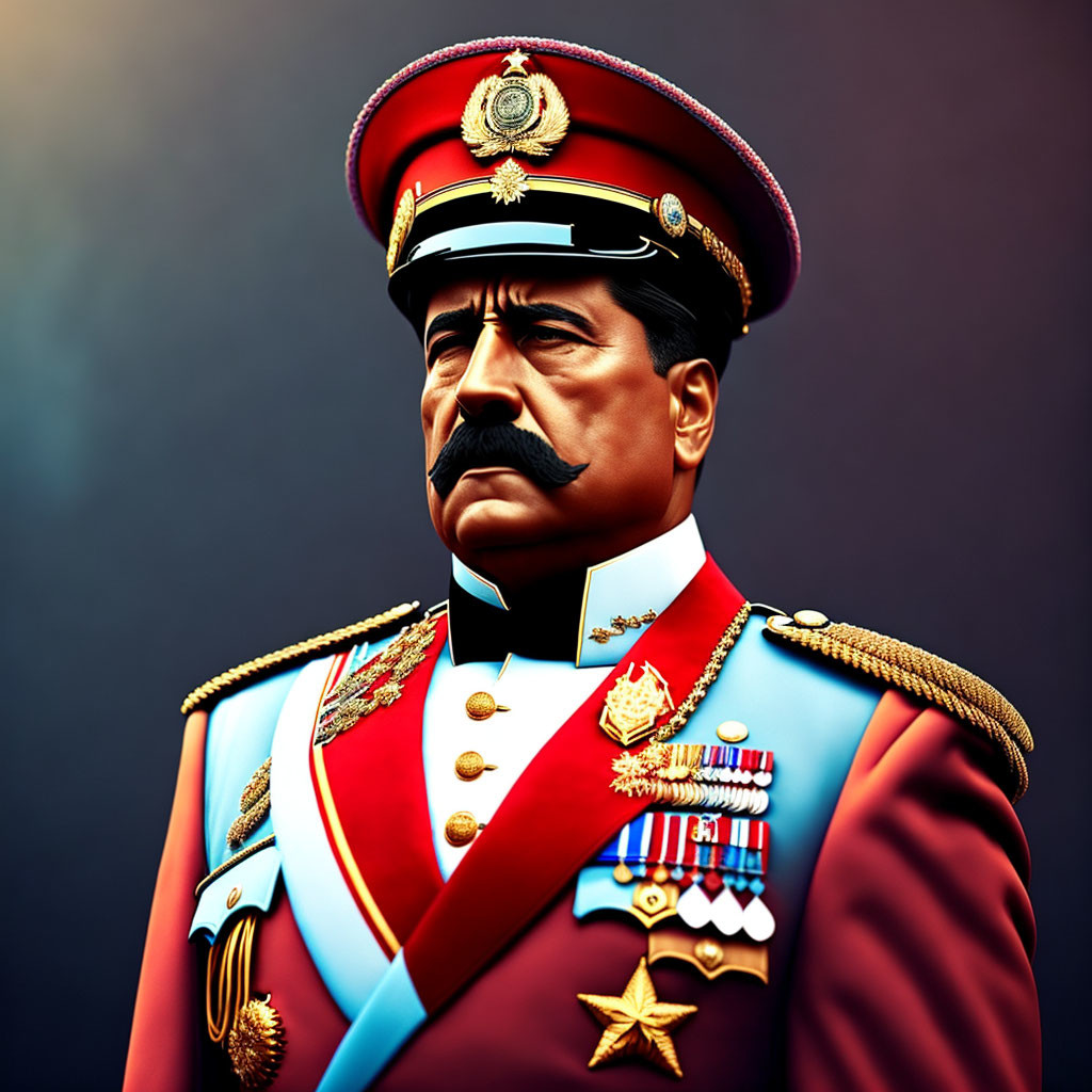 Digital artwork: Stern-faced military officer in vibrant red uniform with medals and golden epaulettes on