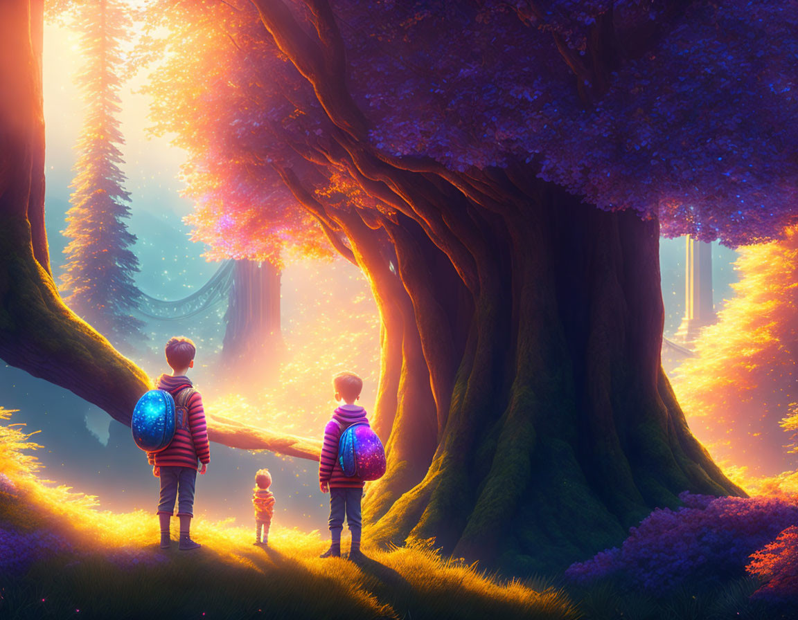 Children with glowing backpacks in enchanted forest under golden light