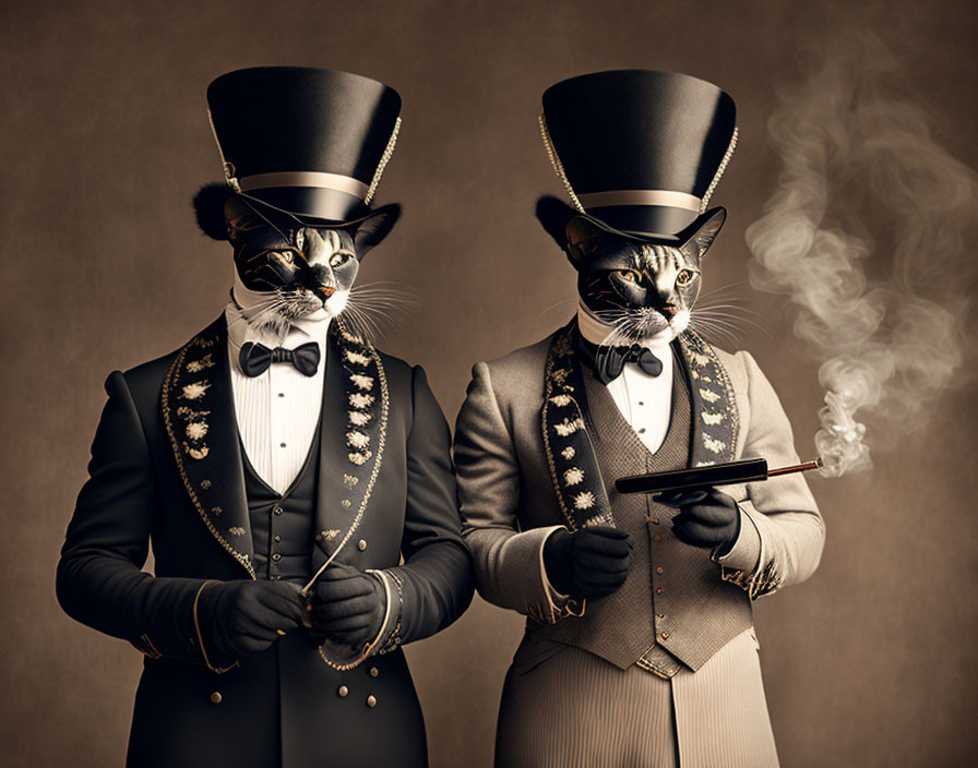 Anthropomorphized cats in vintage suits and top hats with monocle and smoking pipe on brown