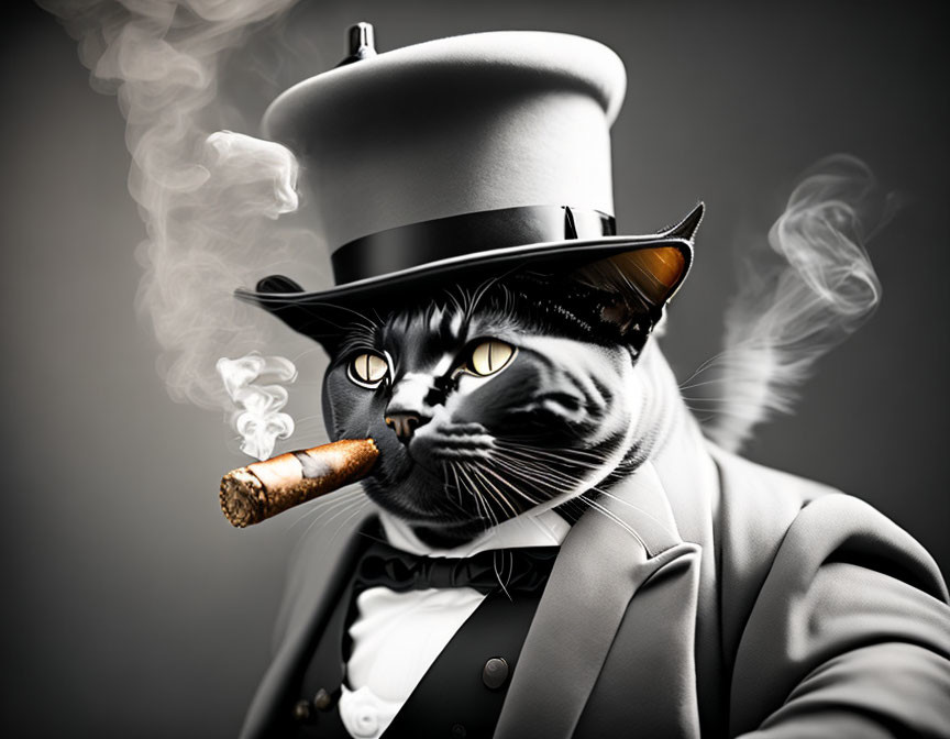 Sophisticated cat in top hat, monocle, bow tie, smoking cigar