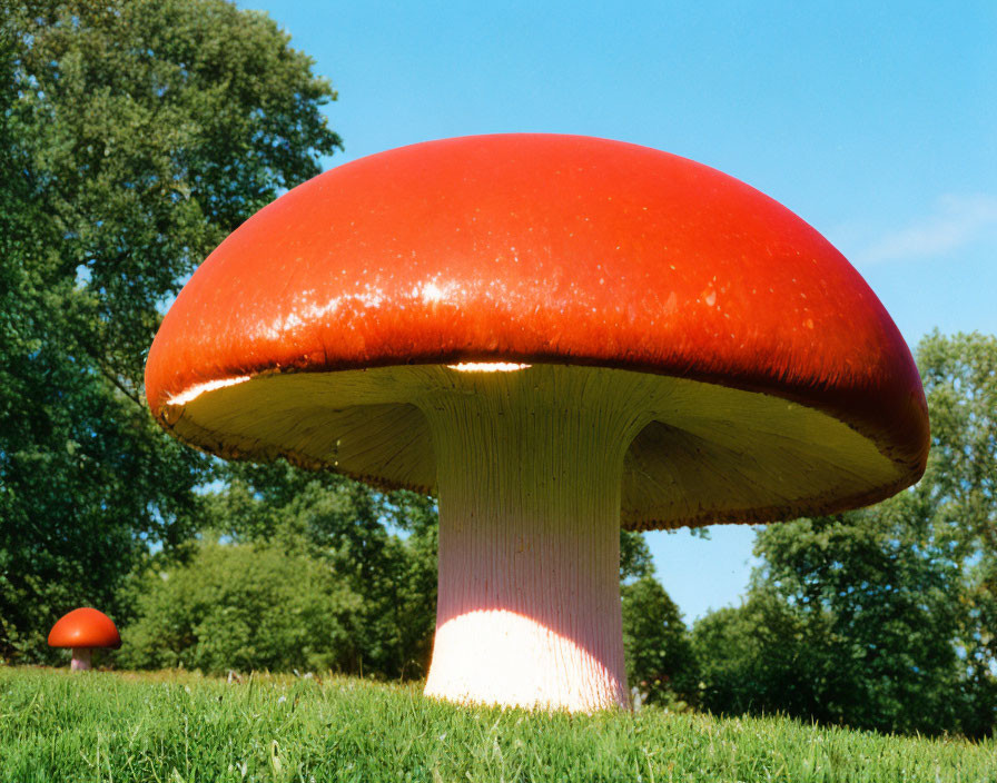 Vivid red toadstool mushroom on green grass under blue sky