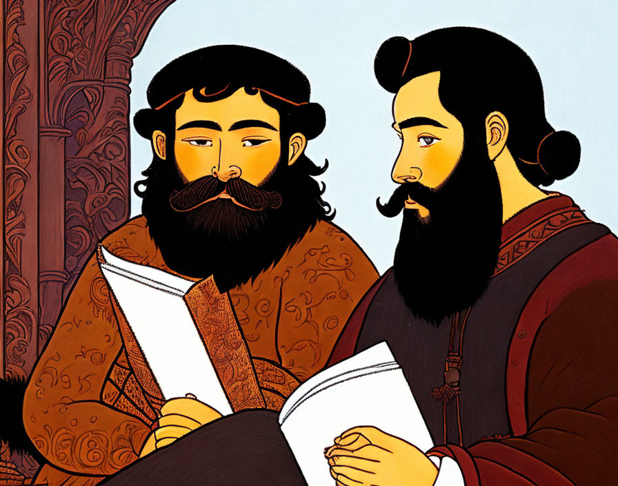 Two bearded men in traditional attire studying scrolls in ornate setting