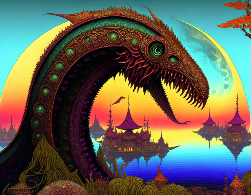 Vibrant Digital Artwork: Stylized Dragon in Eastern Fantasy Landscape