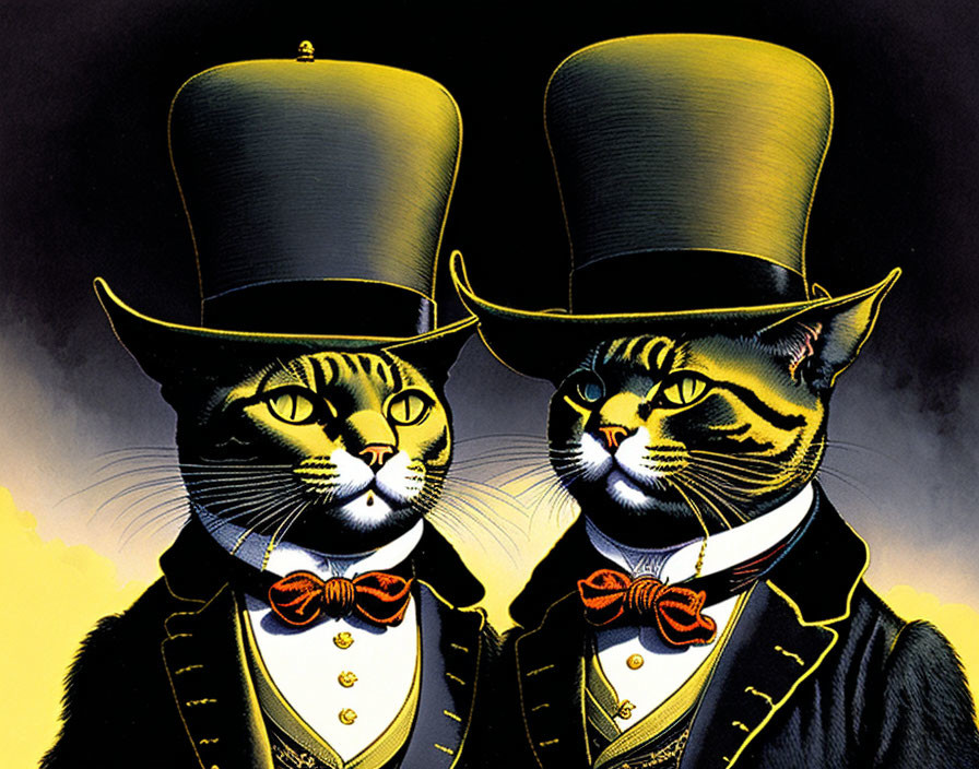 Elegant anthropomorphic cats in suits and top hats on dark yellow backdrop