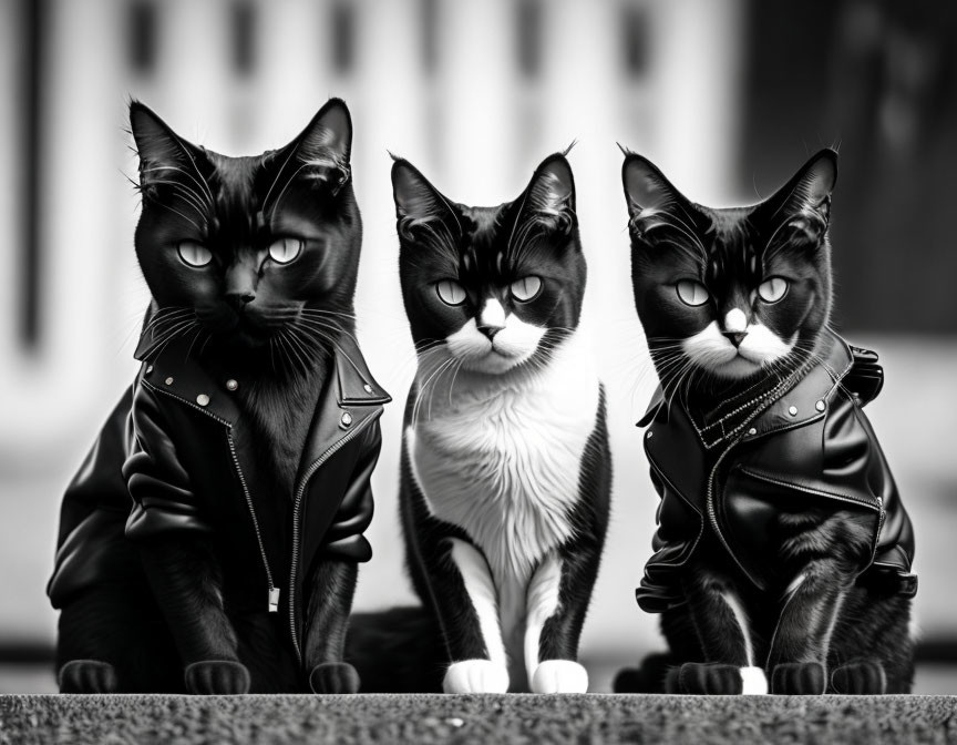 Three black and white cats in leather jackets side by side with blurred background