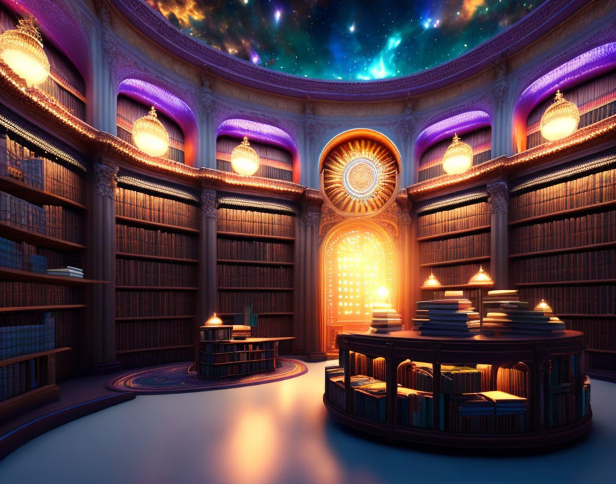 Circular Library with Towering Bookshelves and Starry Sky Dome