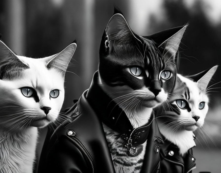 Monochromatic image of four cats with blue eyes in leather jackets