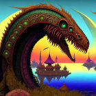 Vibrant Digital Artwork: Stylized Dragon in Eastern Fantasy Landscape