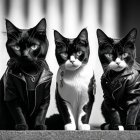 Three black and white cats in leather jackets side by side with blurred background