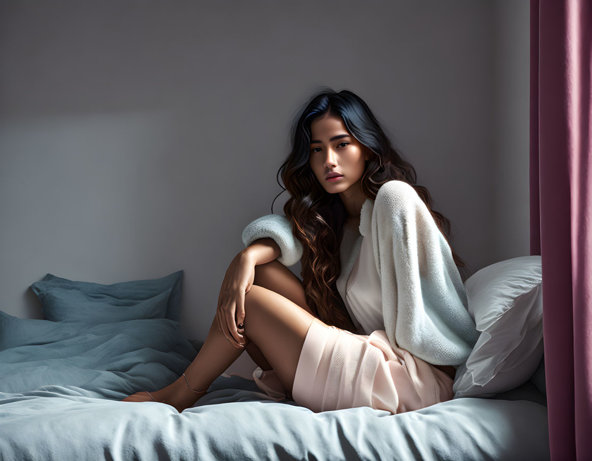 Woman in cozy sweater by window in soft bedroom hues