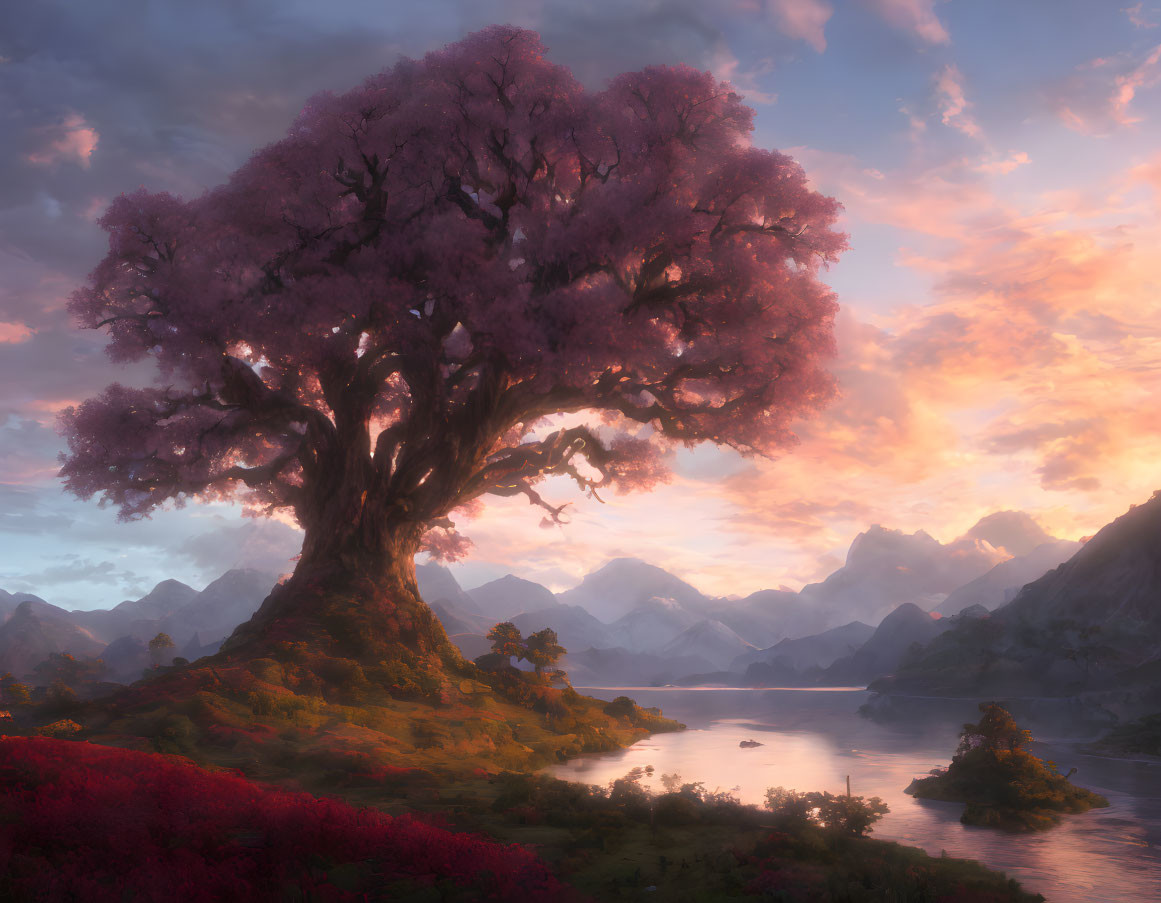 Pink Tree in Serene Landscape with Mountains and Lake at Sunset