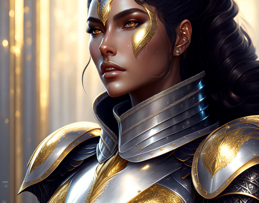 Digital artwork: Woman in golden armor with face markings on soft backlit background