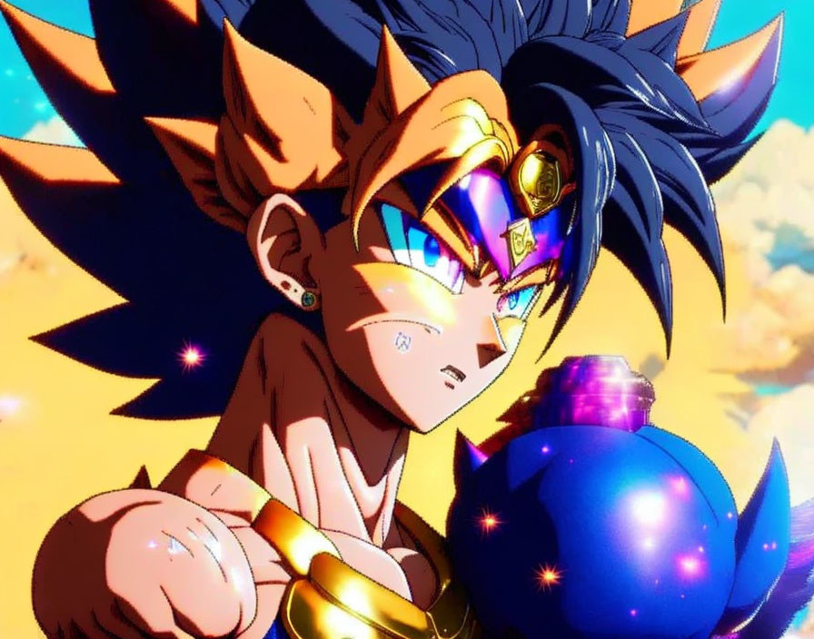 Spiky Black-Haired Animated Character Holding Blue Sphere