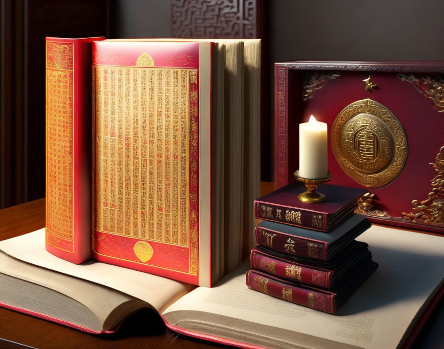 Serene setting with red ornate books, open book, lit candle, and Chinese seal