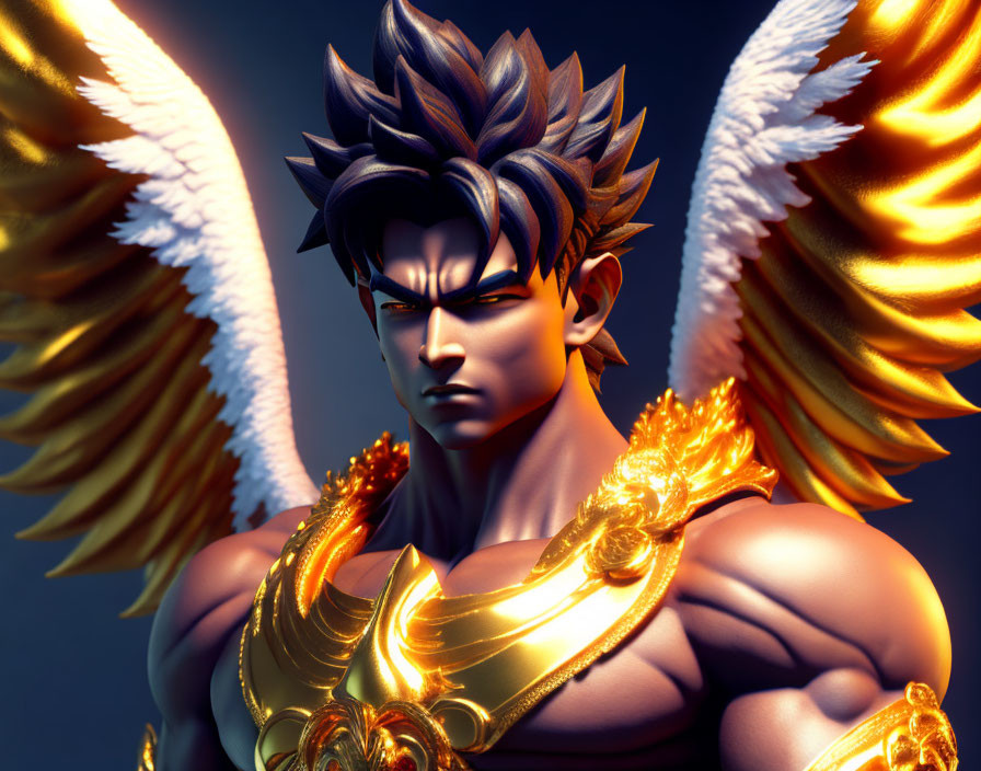 Muscular winged character in golden armor on dark background