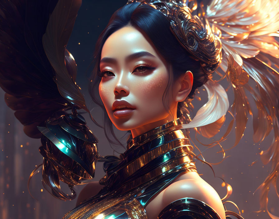 Digital artwork of woman in futuristic metallic armor and feathers, emitting ethereal glow