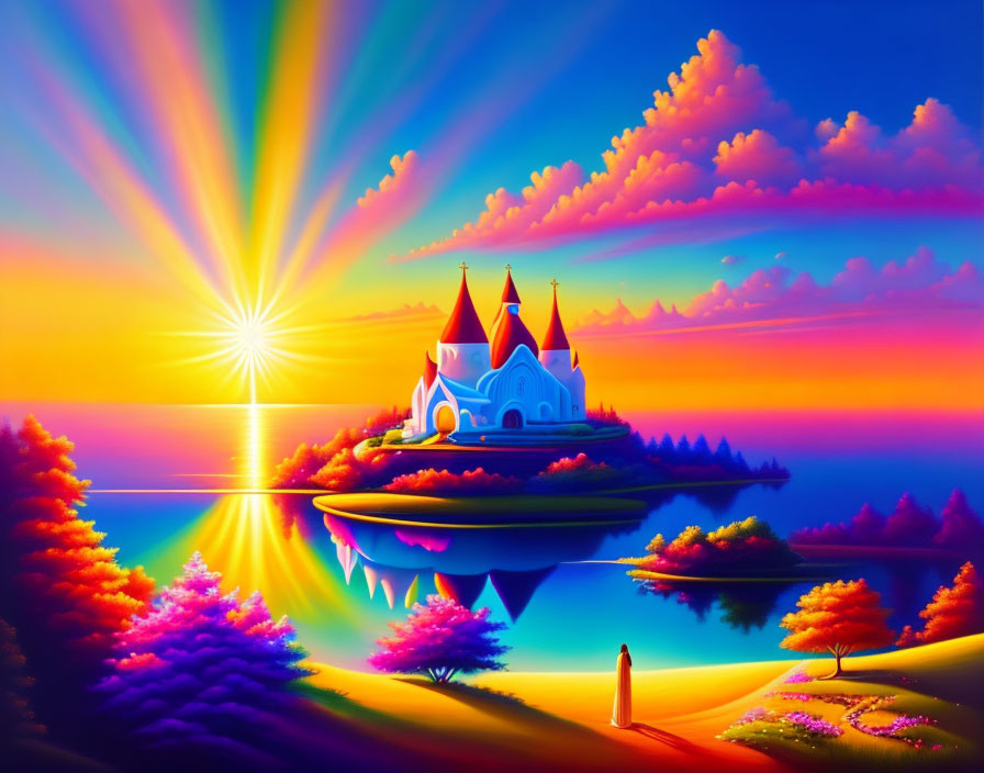 Colorful Castle on Island at Sunset with Reflective Waters