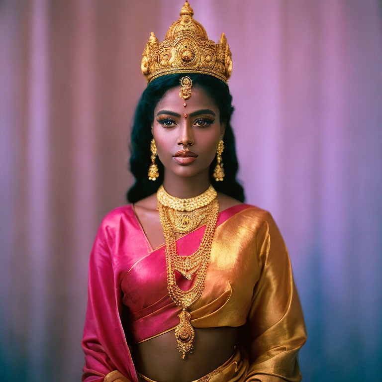 Traditional Indian jewelry: Woman in pink and gold saree with golden crown