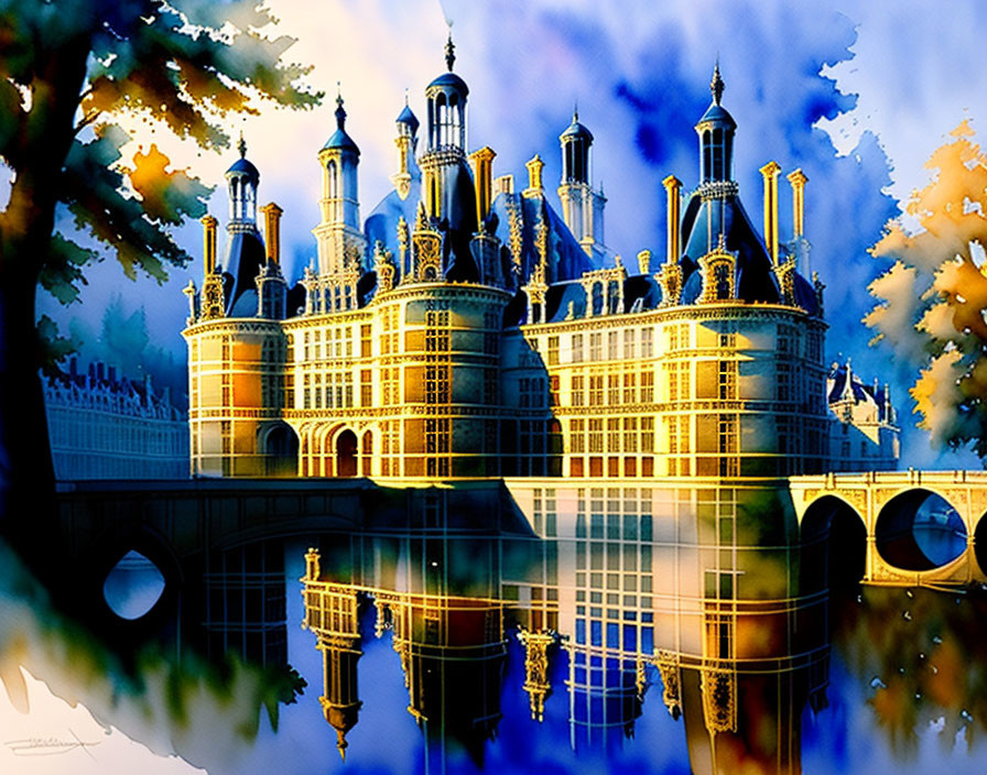 Detailed illustration of grand castle with reflection, blue skies, and autumn leaves.