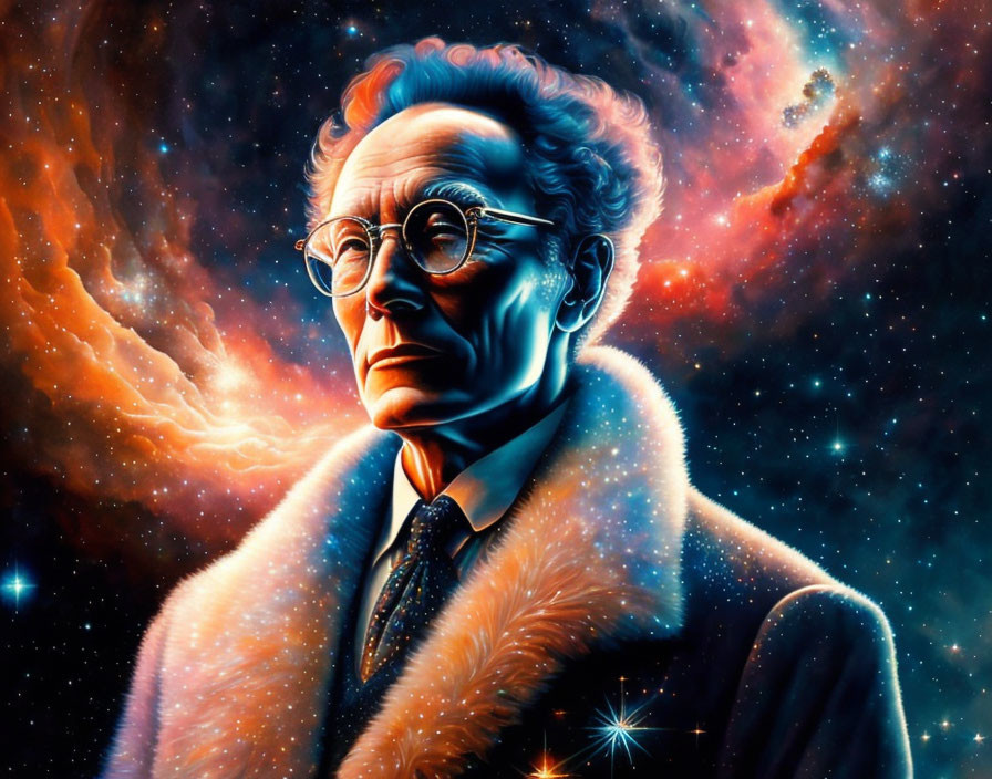 Vibrant digital portrait of elder man with cosmic background