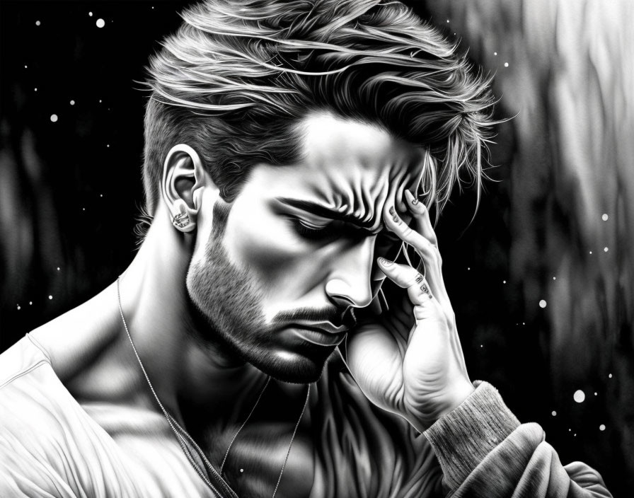 Monochrome digital artwork of a contemplative man with unique hairstyle.