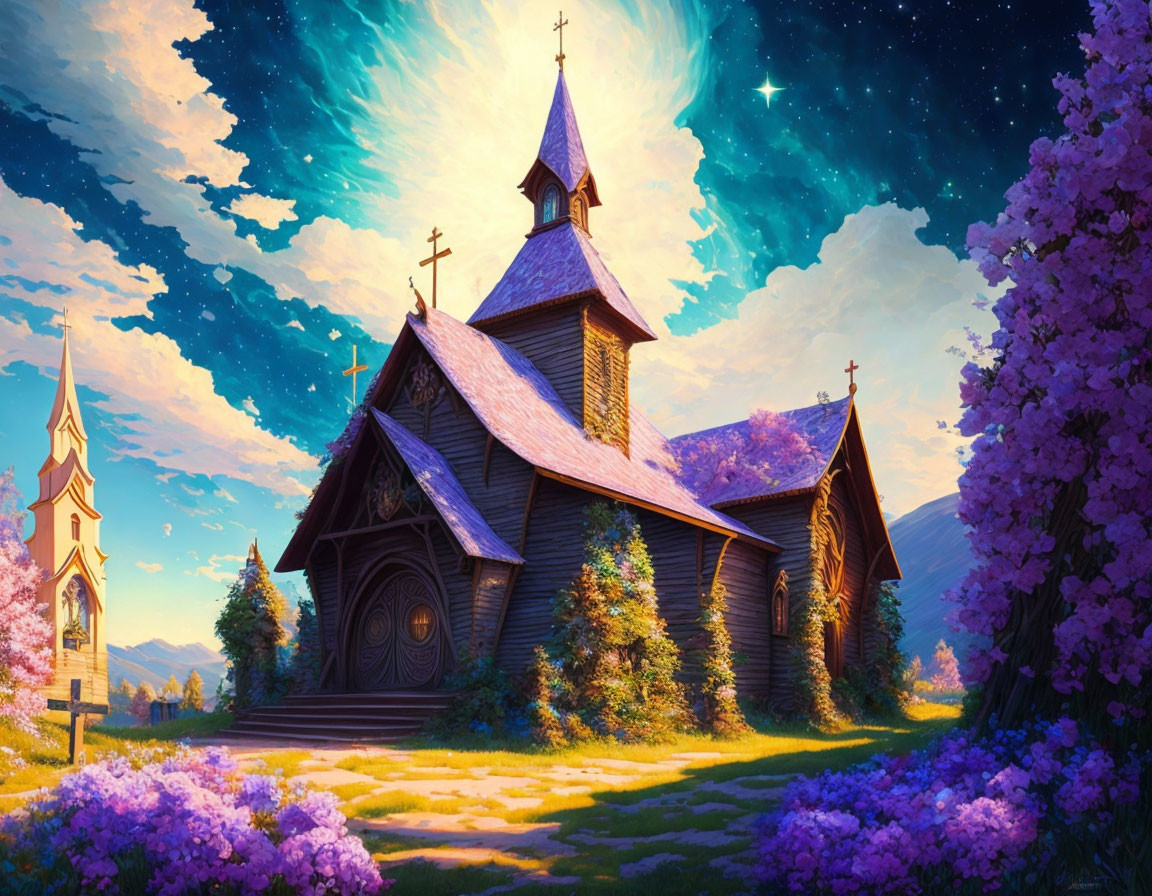 Wooden church in blooming purple tree twilight scene