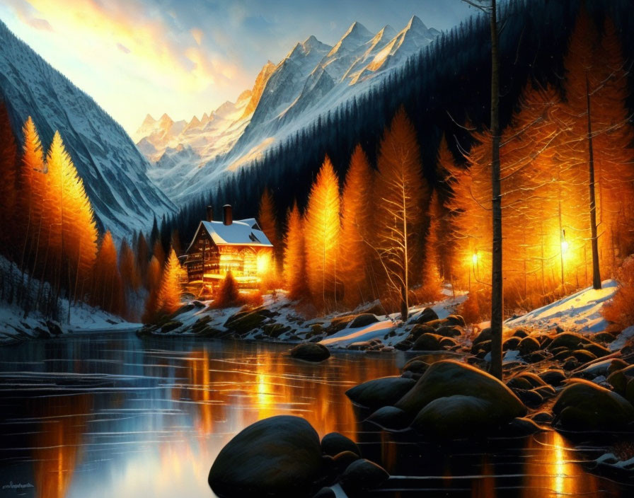 Autumnal lakeside cabin with illuminated windows and mountain backdrop