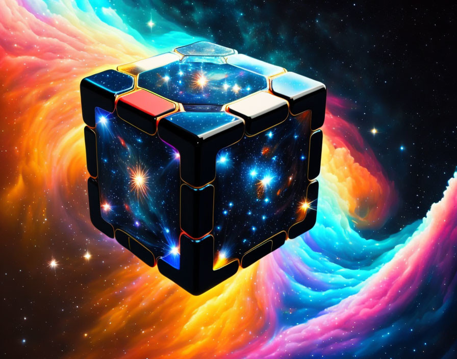 Cosmic galaxy pattern Rubik's Cube in space orbiting nebulae