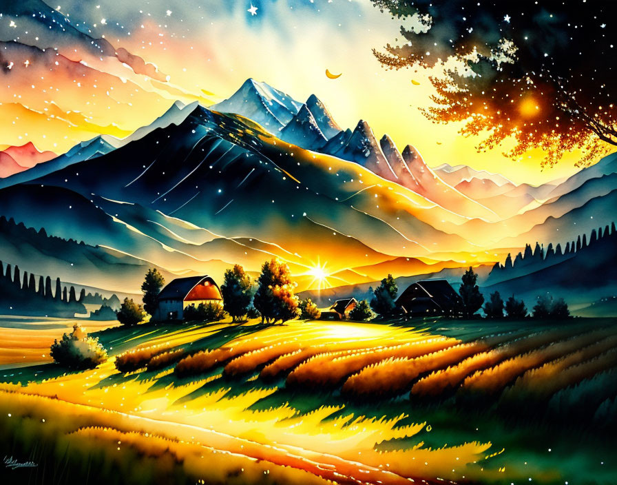 Scenic sunrise painting with mountains, farmhouse, fields, trees, and starry sky