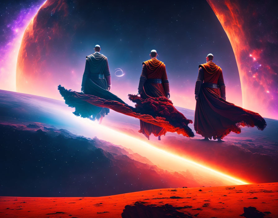 Three figures in robes on floating rock observe cosmic landscape.