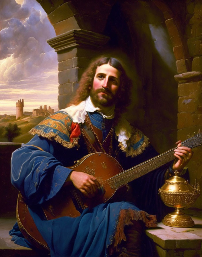 Man with beard in period clothing playing lute near castle