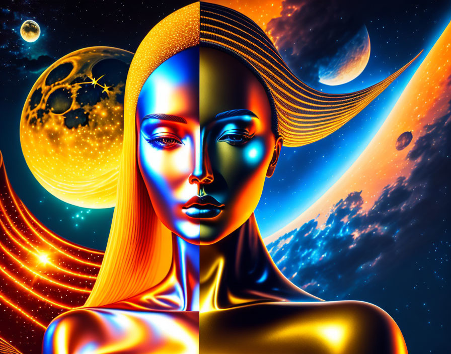 Split digital artwork: warm woman's face meets cool cosmic background