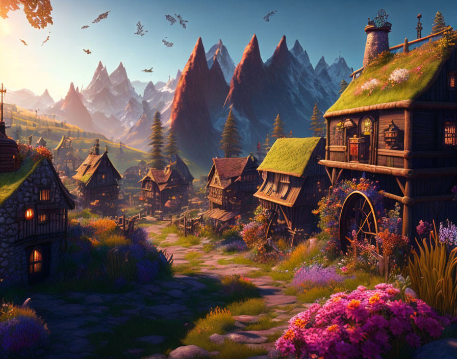 Scenic village with thatched cottages, waterwheel, floral landscapes, and mountains in warm light