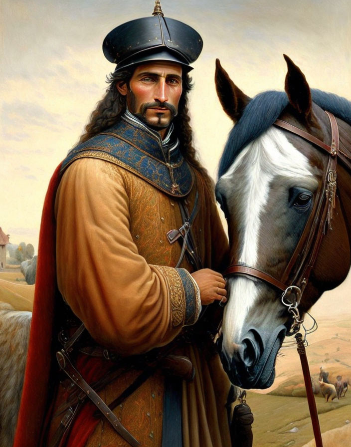 Historical man with beard and horse in pastoral landscape