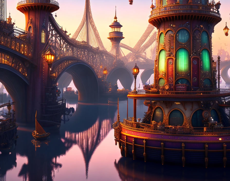 Ornate cityscape at dusk with towering structures and glowing windows