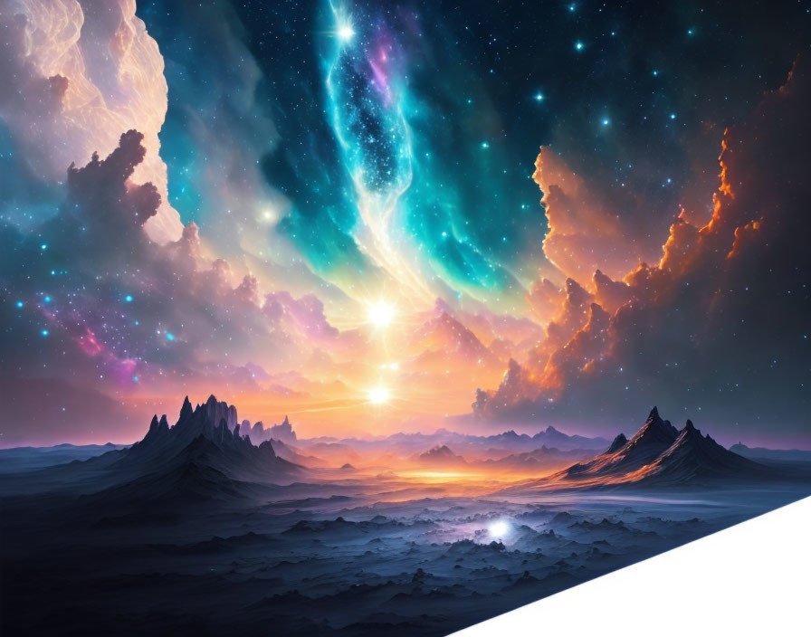Colorful cosmic landscape with nebula, stars, sun, and rocky terrain.