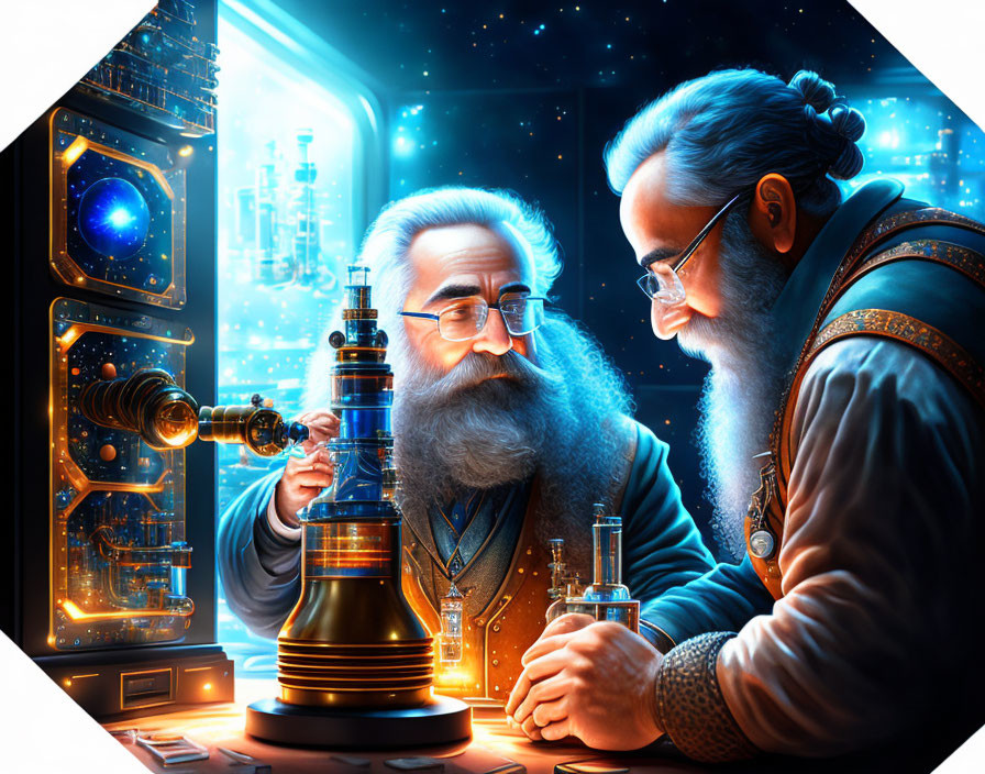 Bearded scientists in futuristic lab analyzing glowing artifact