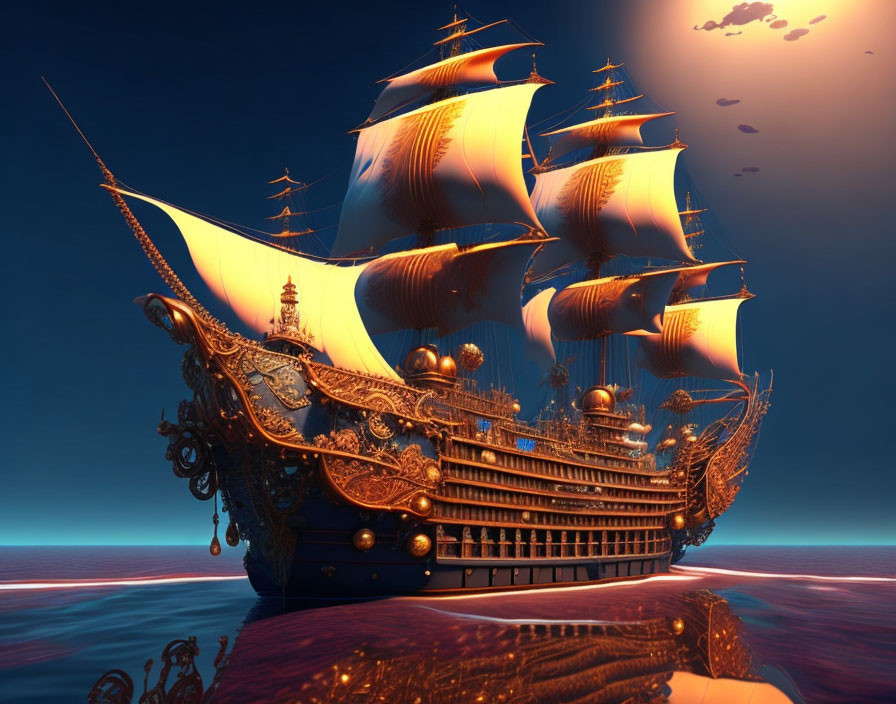 Golden galleon sailing on tranquil sea at sunset