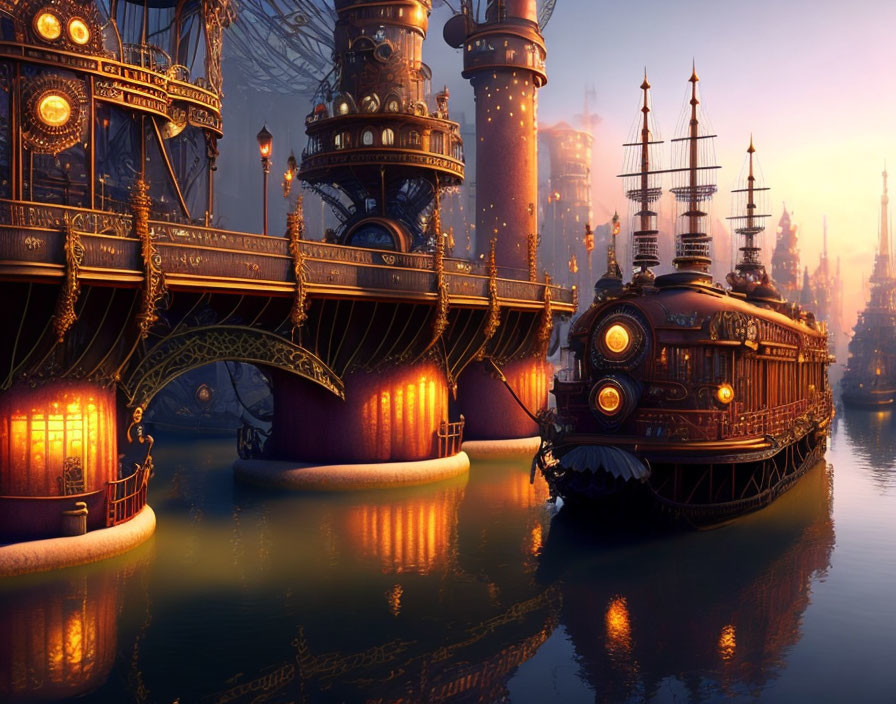 Steampunk cityscape at dusk with ornate bridges, vintage ship, and illuminated towers.