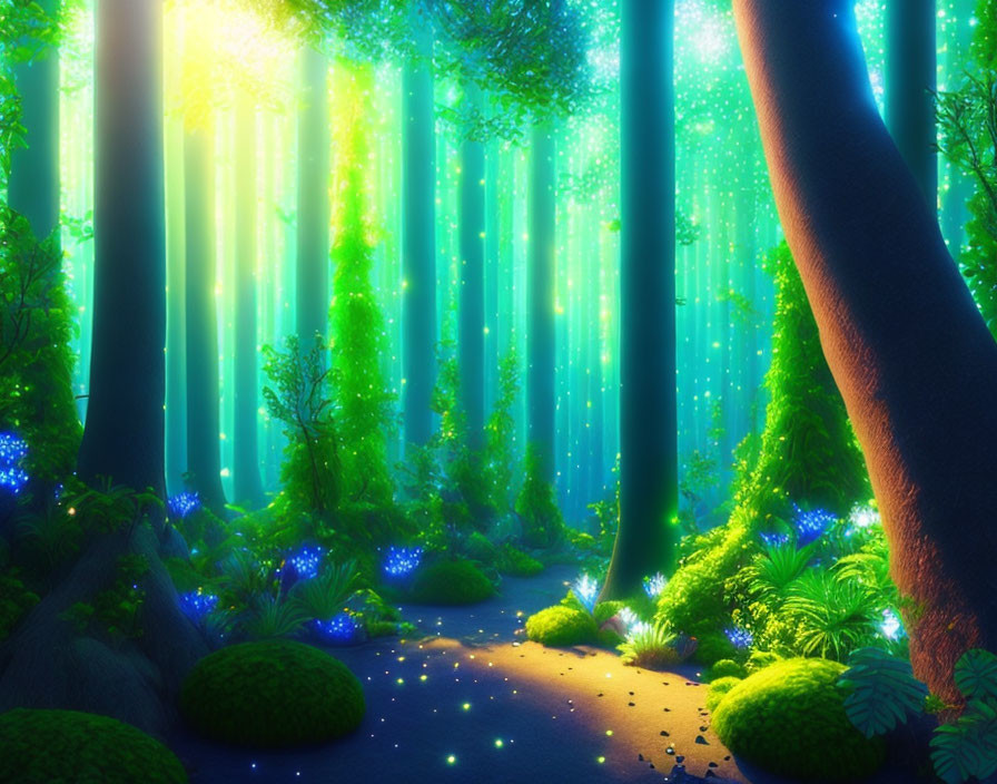 Luminous forest digital artwork with glowing blue flowers