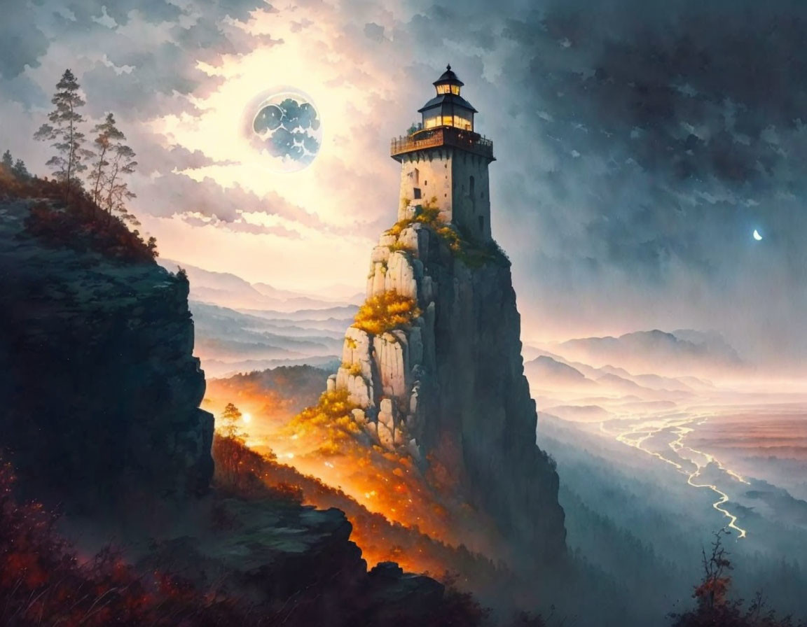 Fantasy landscape with tall lighthouse, full moon, misty valleys, and lightning strike