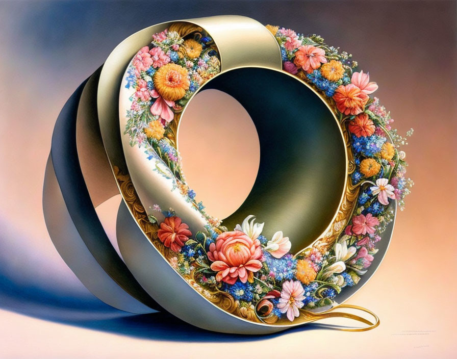 Digital Artwork: Mobius Strip with Floral Pattern and Gold Accents