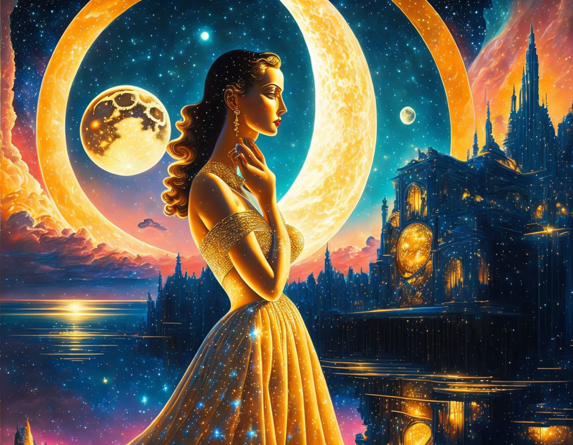 Woman in Golden Dress Contemplating Under Multiple Moons