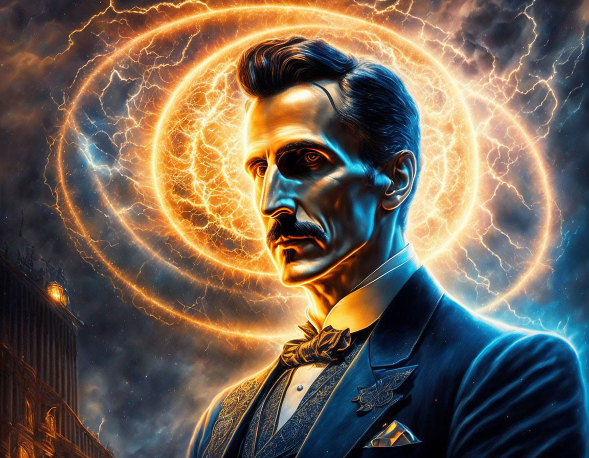 Man with Electrified Aura Resembling Nikola Tesla, Coil and Electricity Background