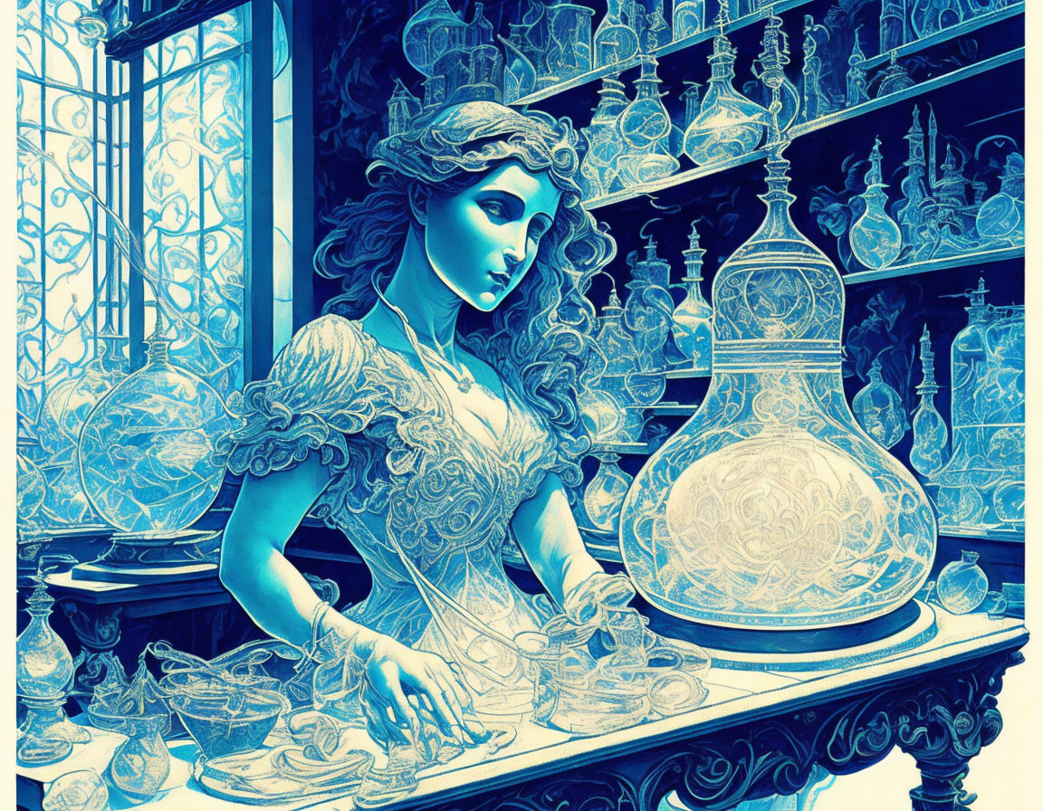 Vintage-attired woman examines glassware in magical laboratory