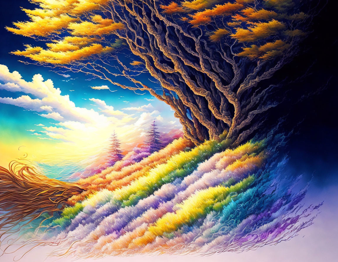 Colorful tree painting with spectrum foliage against day-night sky