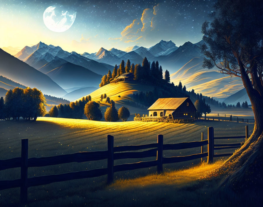 Rural night landscape with barn, tree, hills, and moon