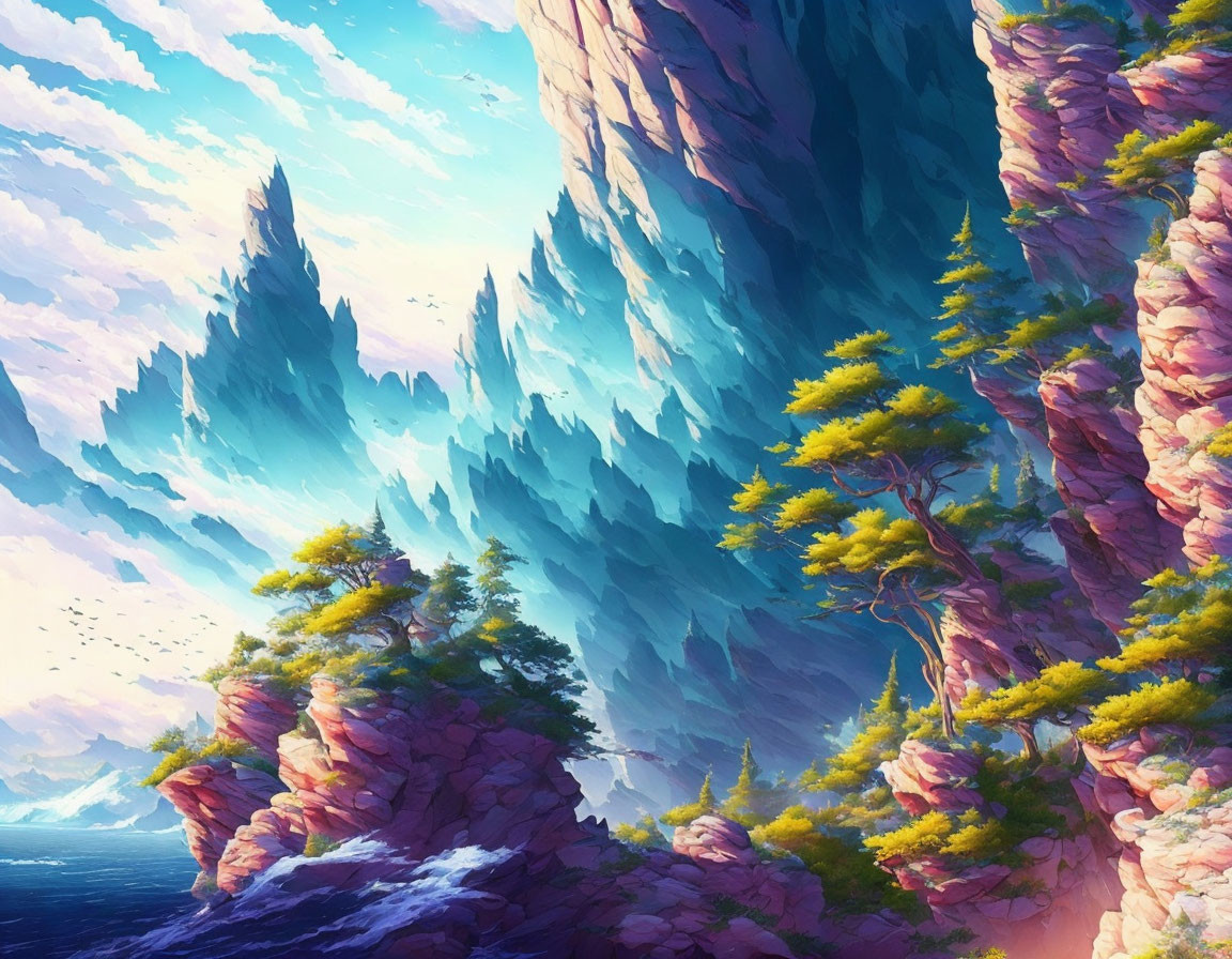 Fantastical cliffside digital painting with lush green trees overlooking blue ocean