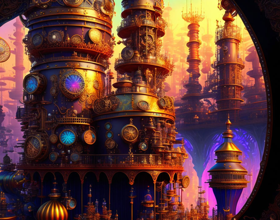 Futuristic cityscape with ornate towers and intricate designs