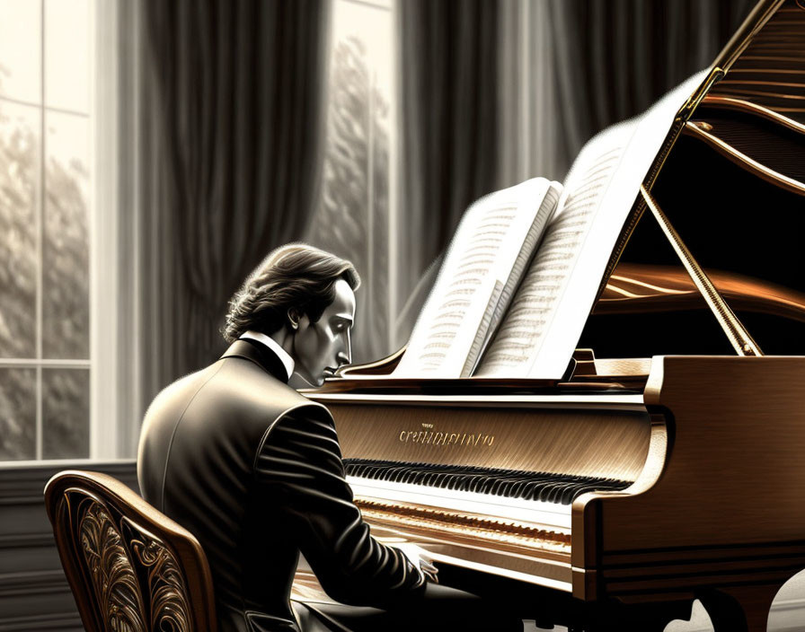 Sepia-Toned Illustration: Man Playing Grand Piano by Window